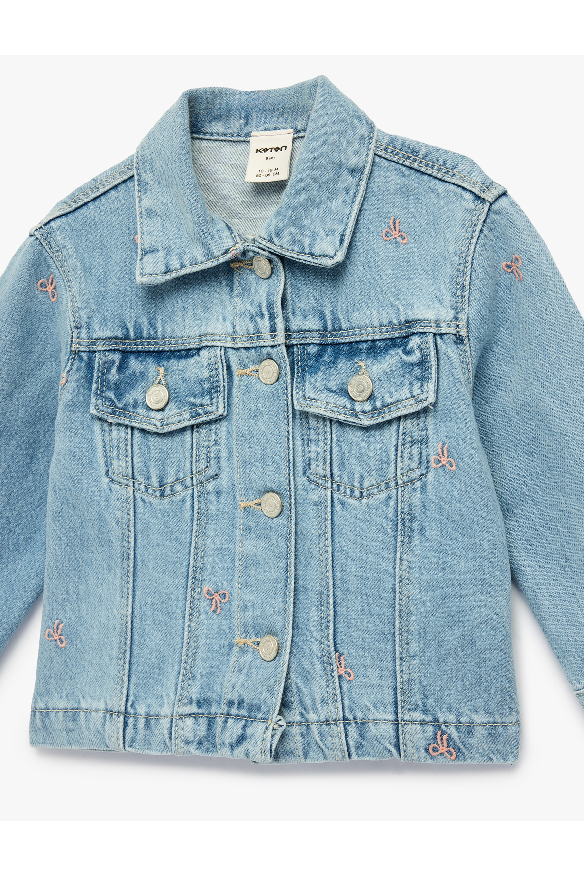 Koton Pamuklu Uzun Kollu Fiyonk İşlemeli Cepli Denim Ceket fotoğrafı 6 (önizleme)