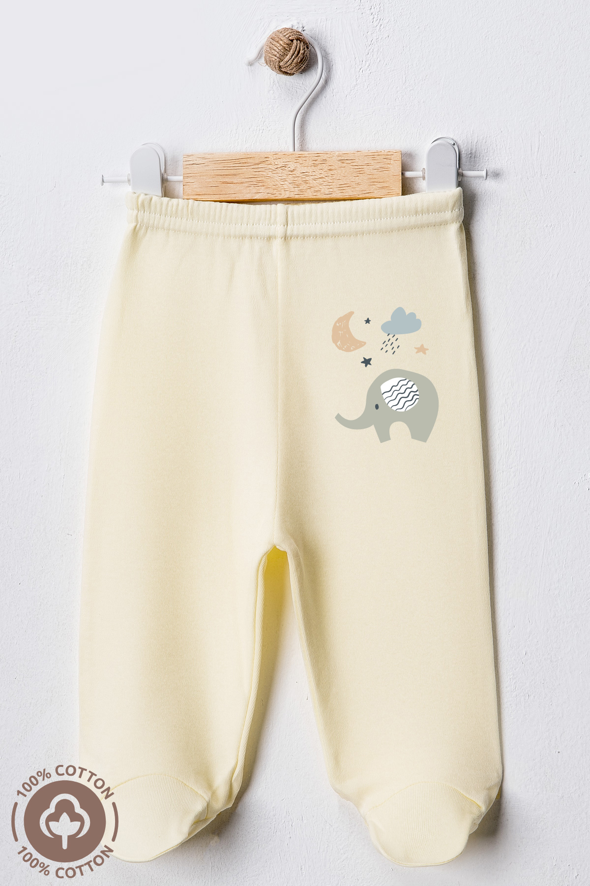 Miniel Unisex Bebek Penye Organik Pamuklu Fil Baskılı 0-6 Ay Patikli Bebek Tek Alt 3'lü Set fotoğrafı 5 (önizleme)