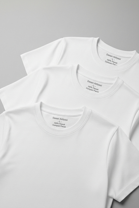 DESEN ATÖLYESİ %100 Pamuklu 3 Adet Beyaz Basic Kısa Kollu Tişört Ekonomik Set...