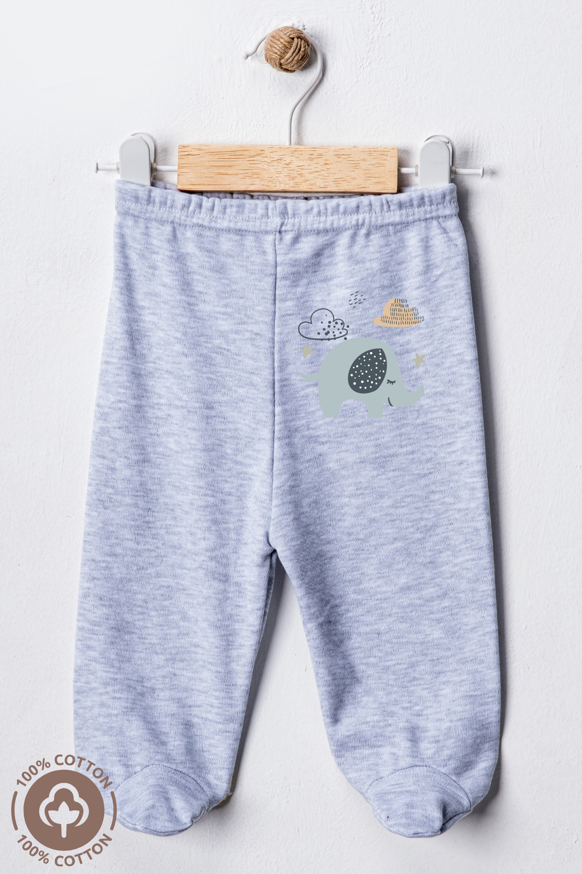 Miniel Unisex Bebek Penye Organik Pamuklu Fil Baskılı 0-6 Ay Patikli Bebek Tek Alt 3'lü Set fotoğrafı 3 (önizleme)