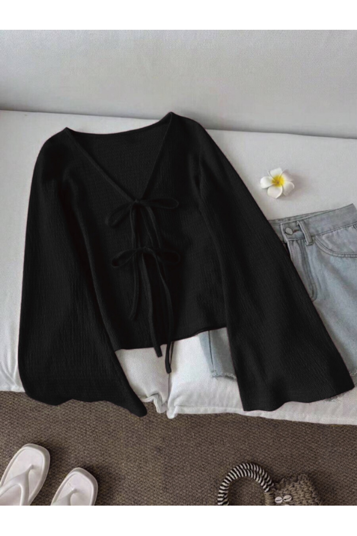 MOONBULL  Kadın Önü 2 Yerden Bağlama Detaylı İspanyol Kol Bürümcük Bluz