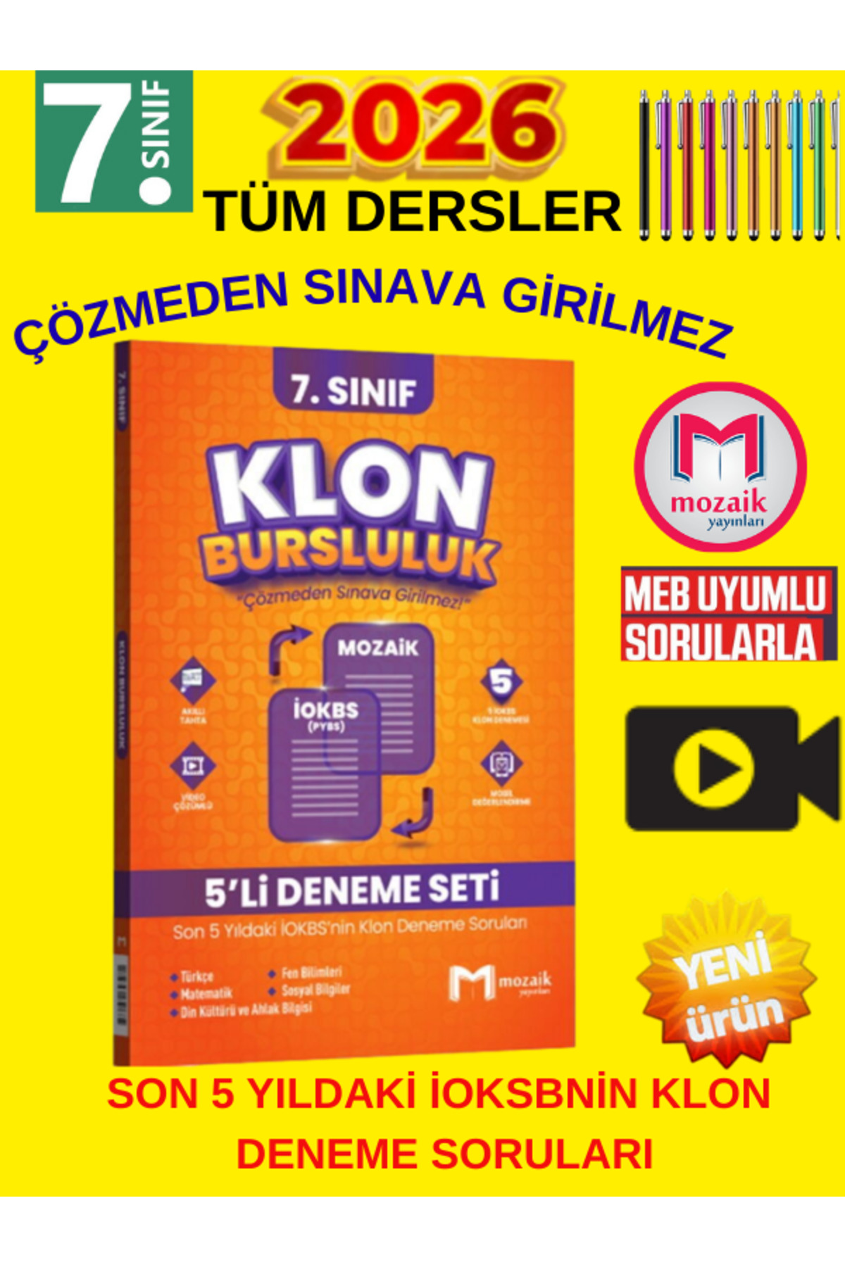 Mozaik Yayınları Klon 7. Sınıf 5'li Deneme Seti (Son 5 Yıl İOKBS
