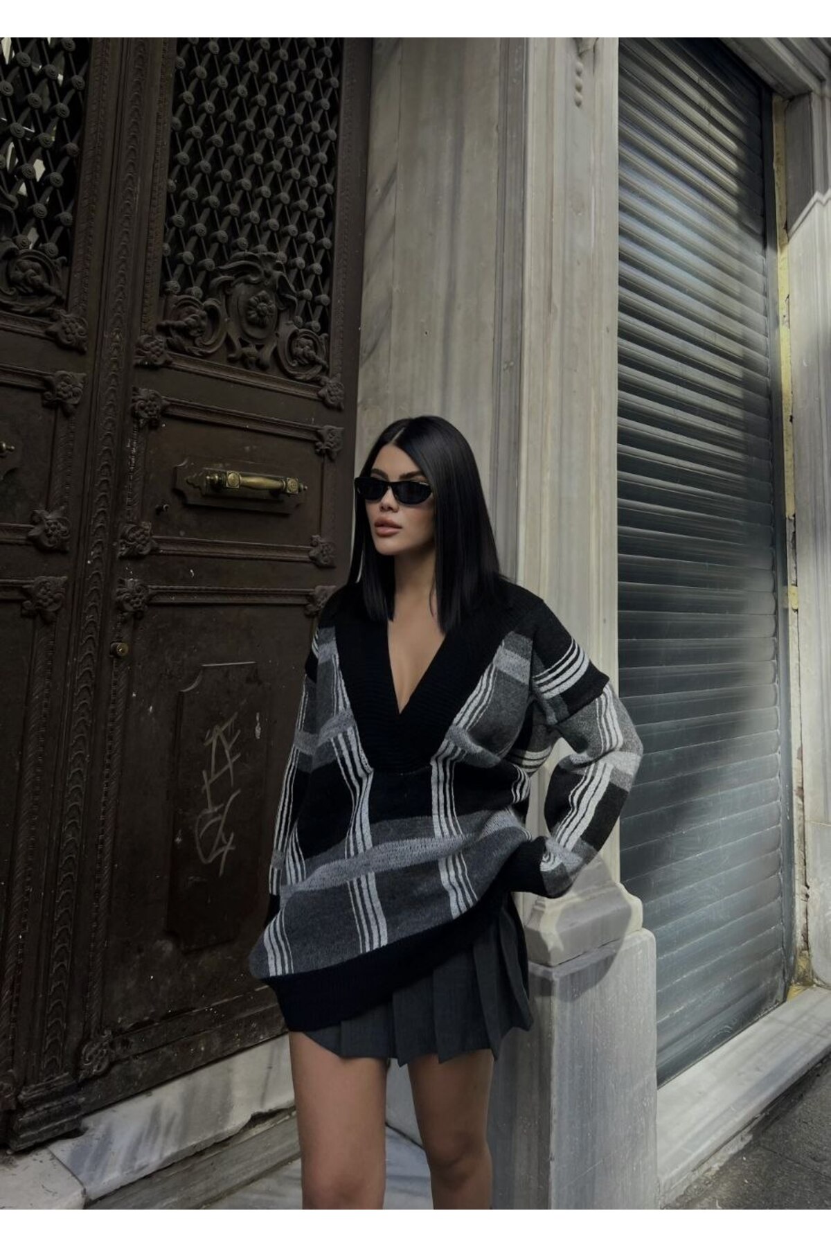 elbisereyonda  ekose v yaka triko tunik kazak - Görsel 2