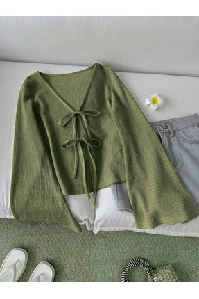 MOONBULL Kadın Önü 2 Yerden Bağlama Detaylı İspanyol Kol Bürümcük Bluz