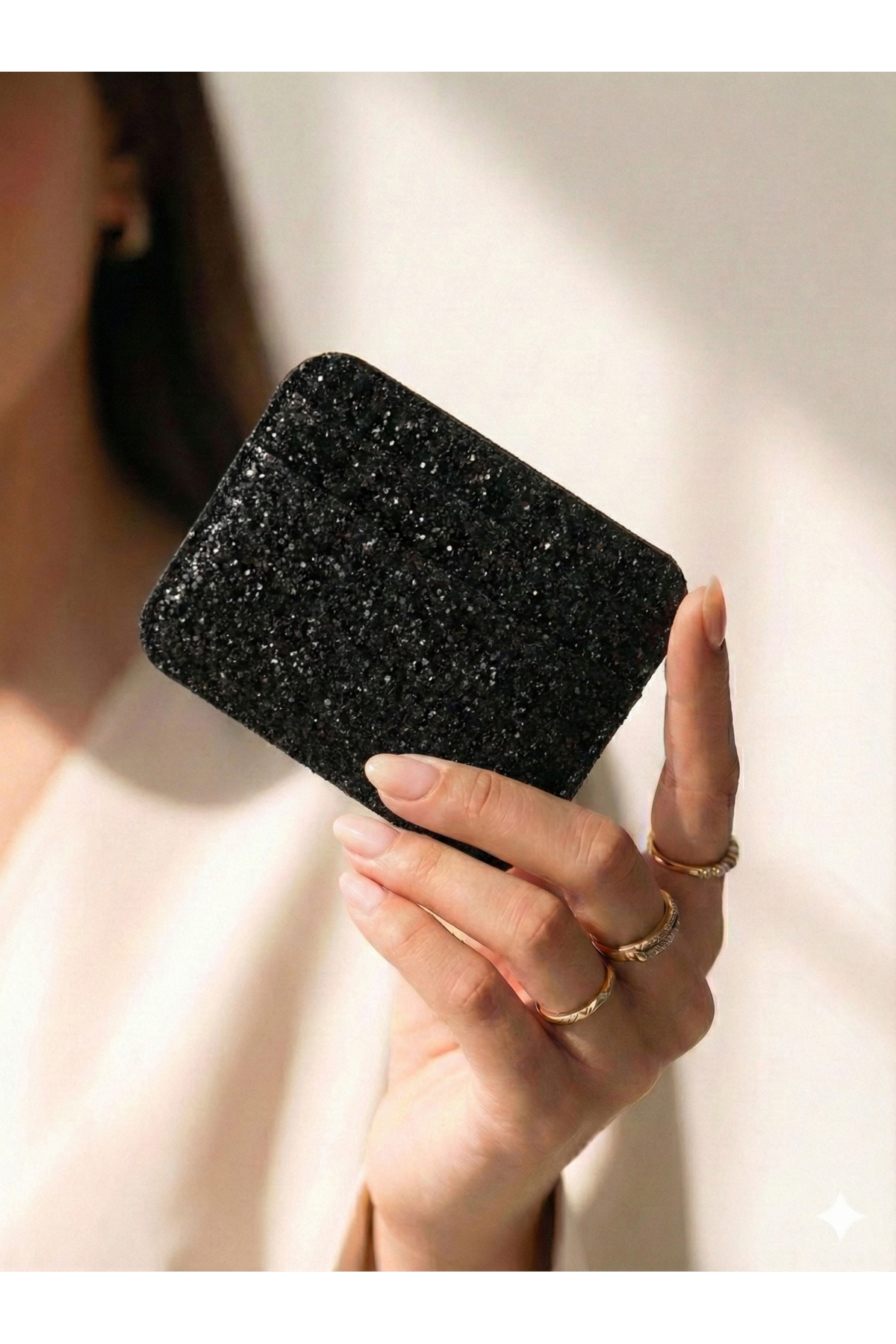 PurpleART Women's Mini Black Glittery Shiny Card Holder - Noble and Stylish Slim Design Women's Wallet (10X8 cm)
