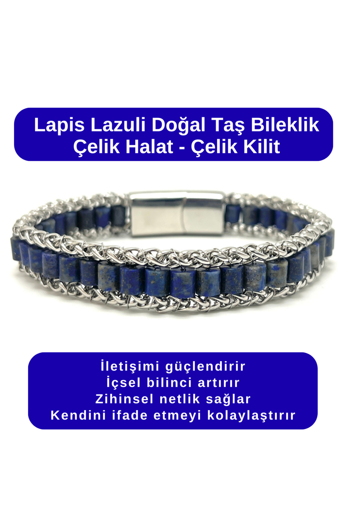 CERTIFIED Lapis Lazuli Natural Stone Bracelet Steel Rope Steel Lock