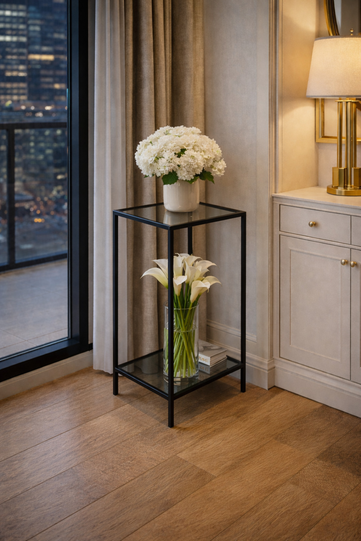 Eiffel Metal Dresser with Smoked Glass Shelf | Modern Entrance Table for Narrow Spaces/Long Coffee Table/Flower Table