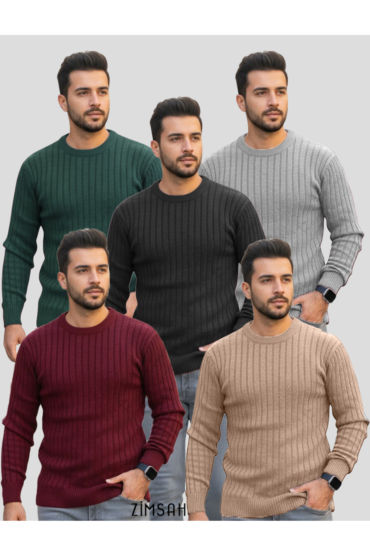 Zimsah  5 Adet Slim Fit Triko Erkek Kazak Bisiklet Yaka (Siyah), (Gri), (Bej), (Zümrüt Yeşili), (Bordo)