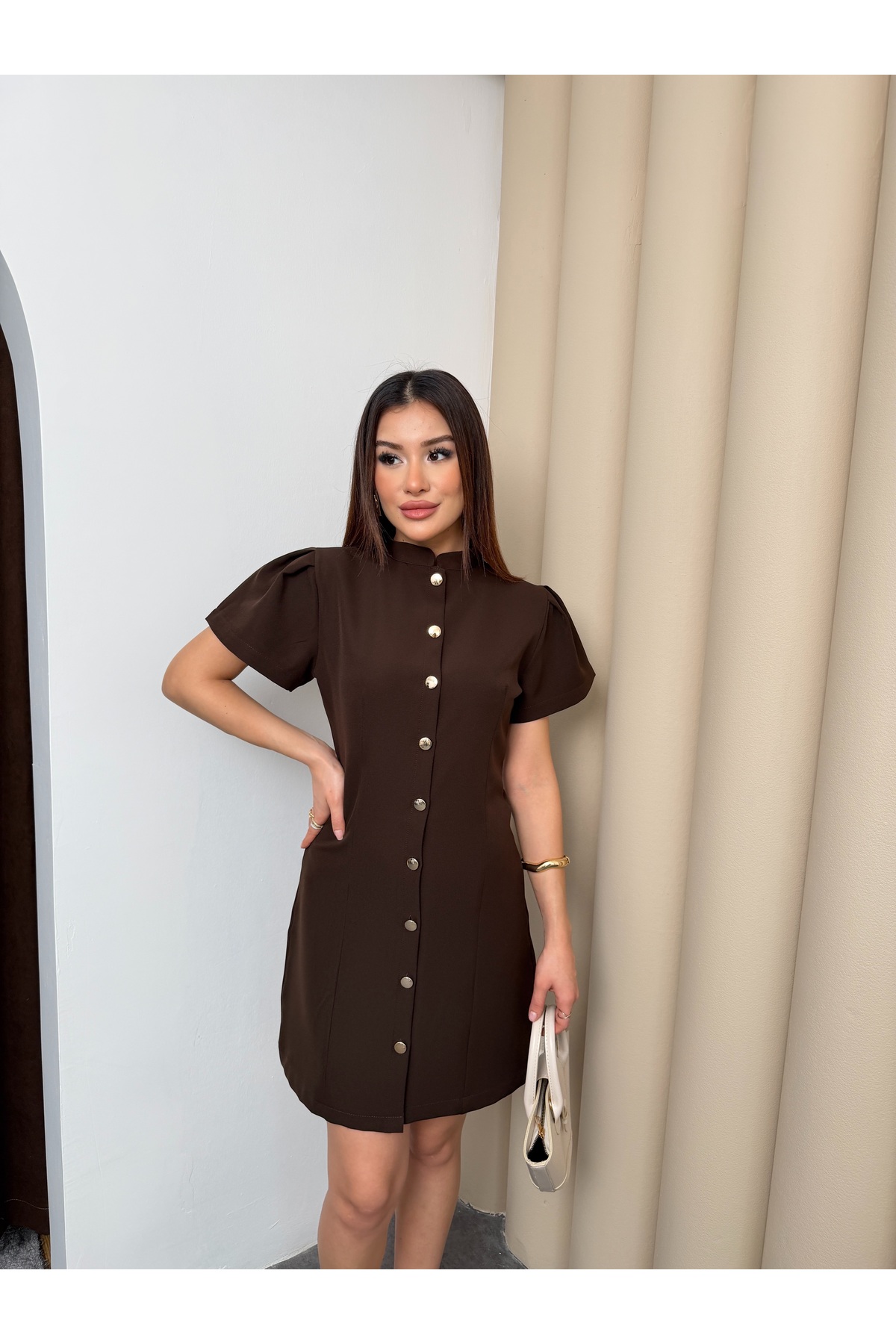 maf collection  Kadın Kahverengi Hakim Yaka Düğme Detay Kısa Elbise - Görsel 2