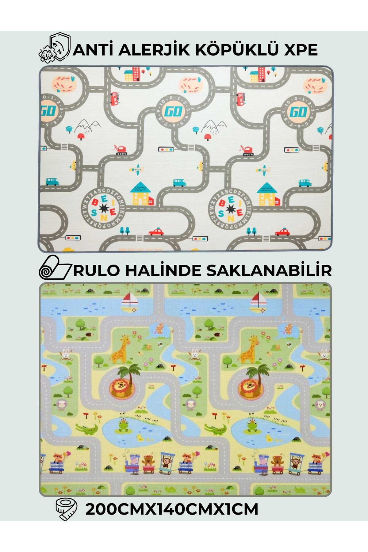 PUREZA Çift Taraflı Rulo Oyun Matı Kaymaz,Darbe Emici, Yeşil Parkur/Araba Yarışı Yerli Üretim 200x140x1 fotoğrafı 3 (önizleme)