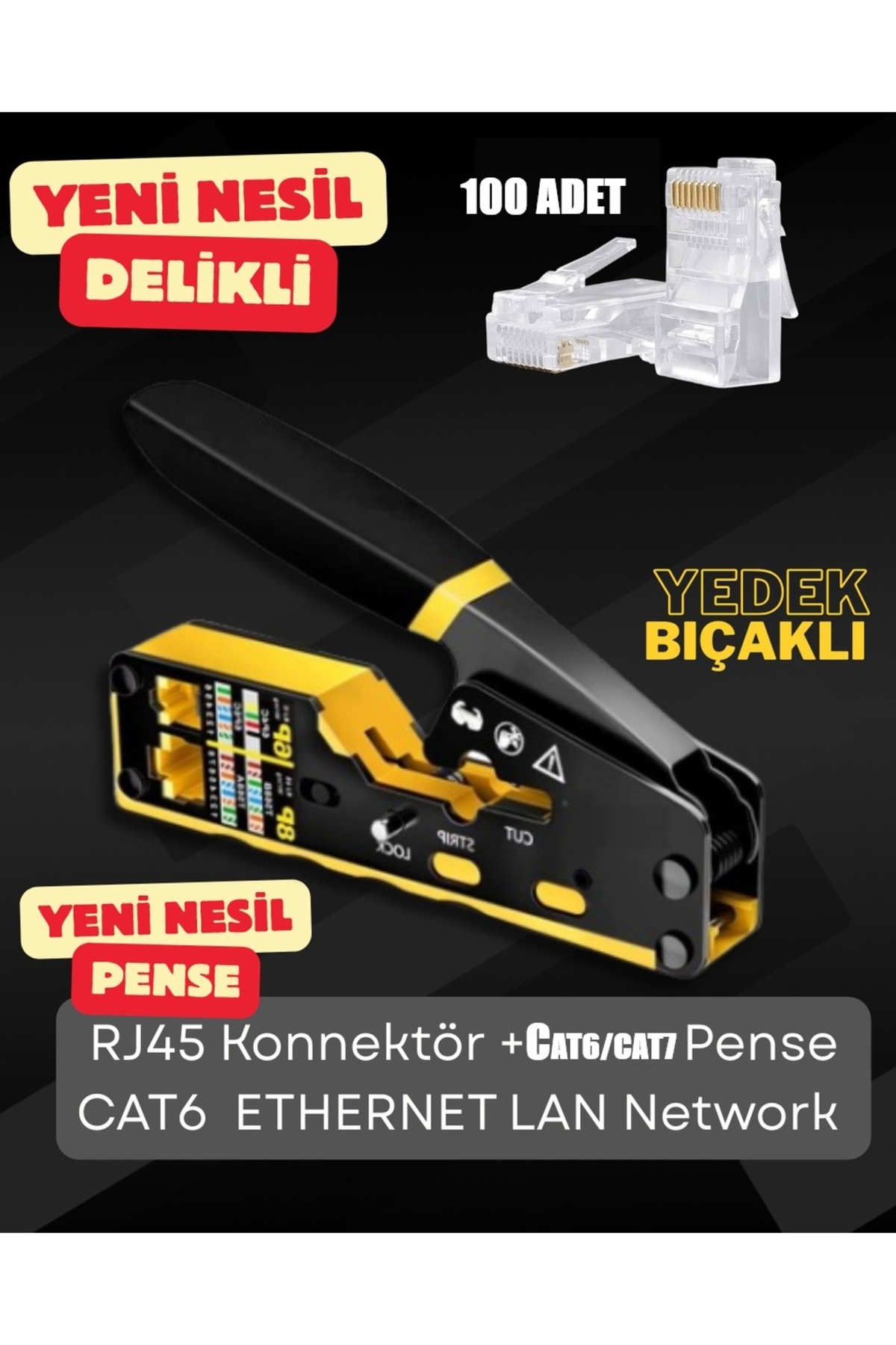 Yeni Nesil Pense Rj45 Çok Fonksiyonlu Ağ Sıkma Pensesi Cat6 Cat7 RJ45 RJ11 RJ12 + 100 Adet Yeni Nesil Delikli Ez Utp Konnektör