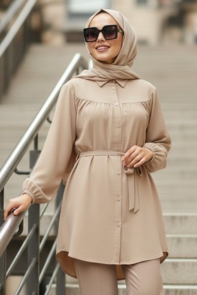 N.S NEVA STYLE Düğmeli Bej Tesettür Tunik 10184BEJ
