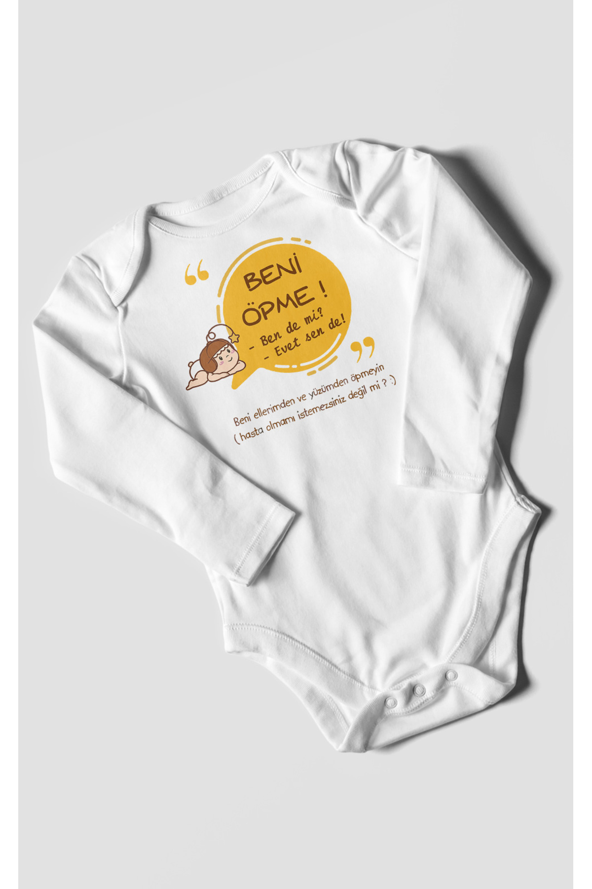 MorivoKids Beni Öpme Bende Mi? Evet Sende Baskılı Bebek Zıbını – Çıtçıtlı Body | %100 Pamuk Uzun Kol fotoğrafı 3 (önizleme)