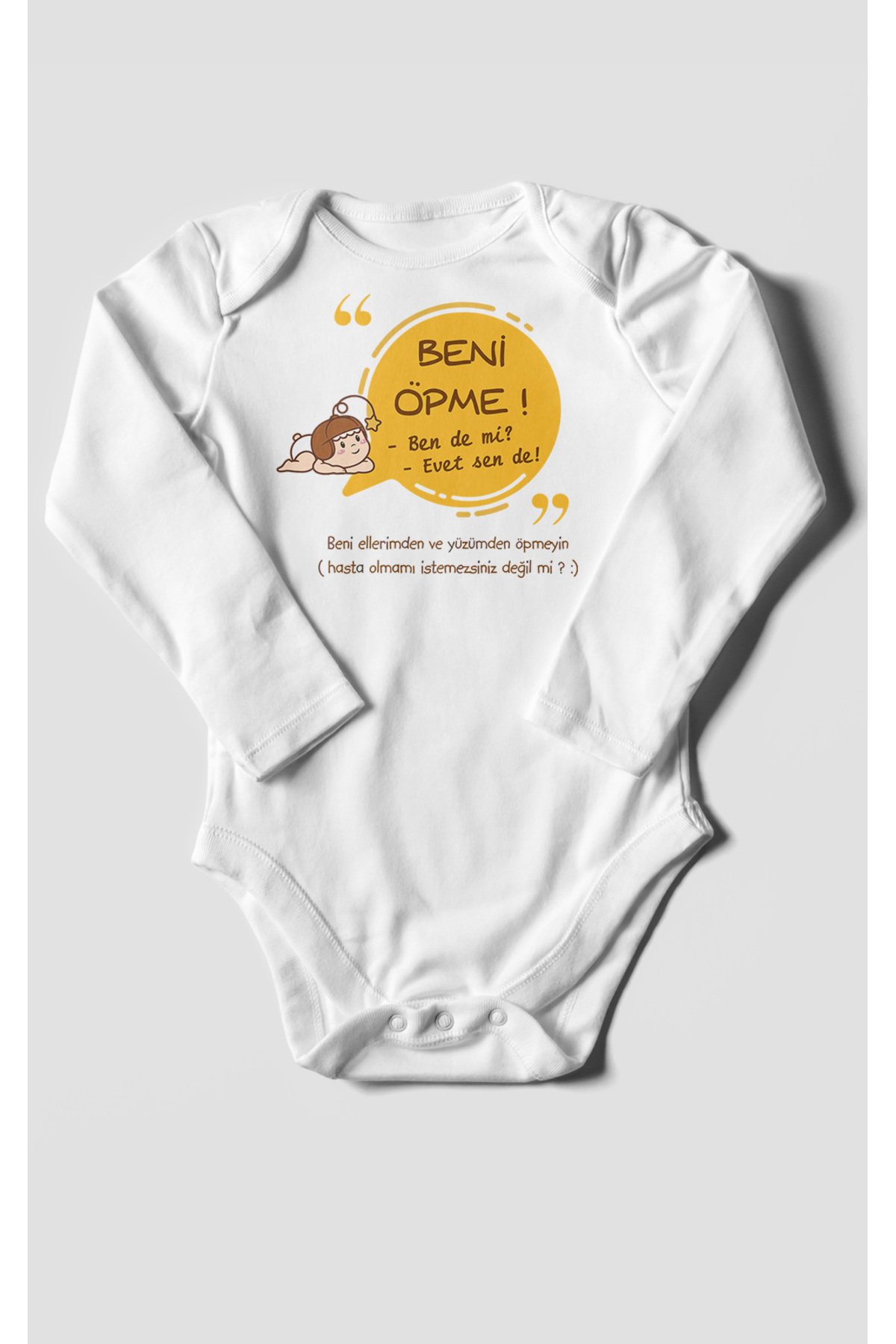 MorivoKids Beni Öpme Bende Mi? Evet Sende Baskılı Bebek Zıbını – Çıtçıtlı Body | %100 Pamuk Uzun Kol fotoğrafı 2 (önizleme)