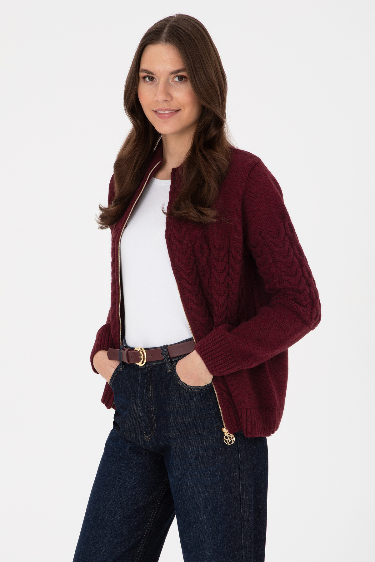 U.S. Polo Assn.  Kadın Bordo Fermuarlı Dik Yaka Triko Hırka 50314669-VR177 - Görsel 3