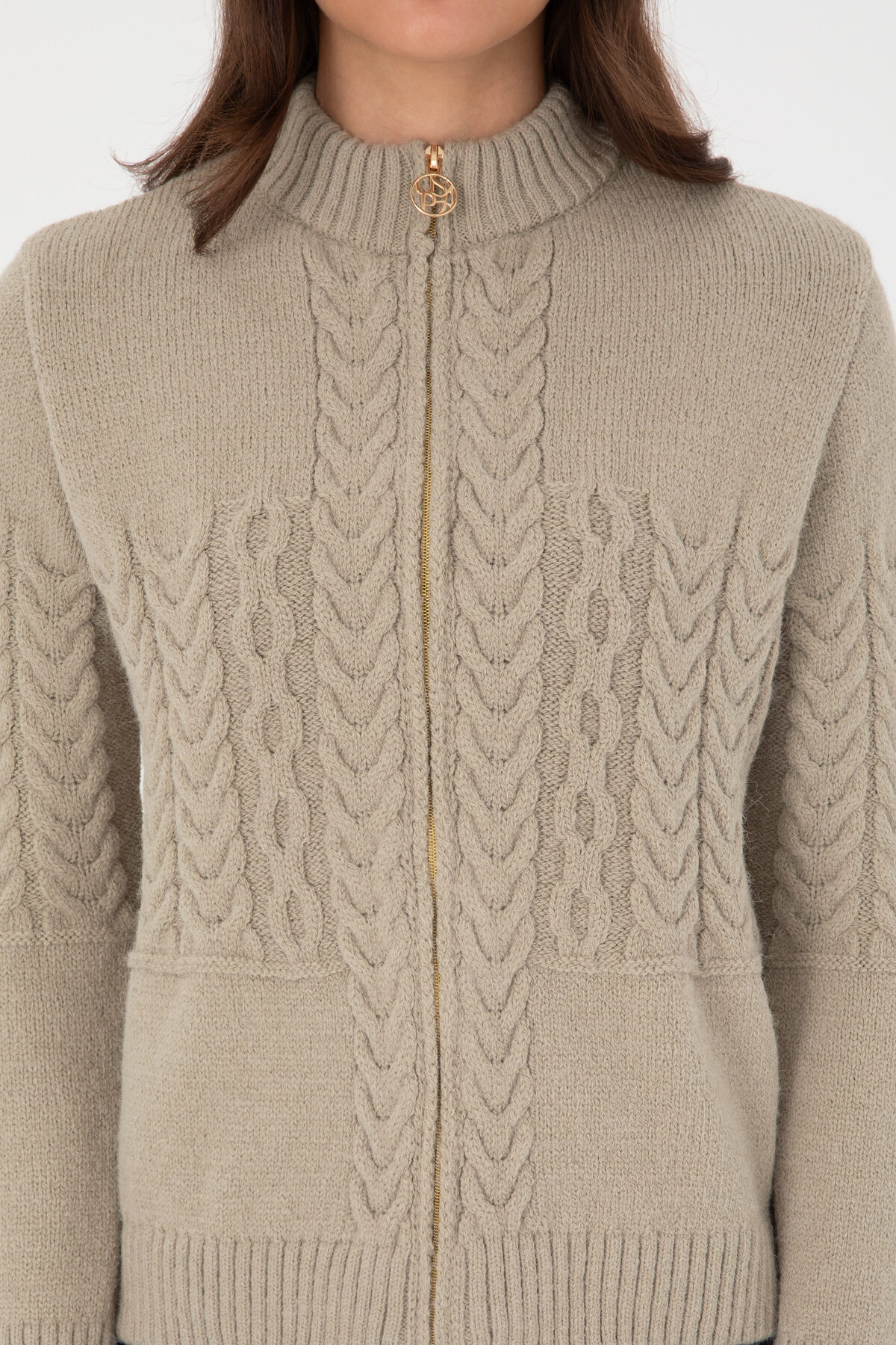 U.S. Polo Assn.  Kadın Açık Haki Fermuarlı Dik Yaka Triko Hırka 50314669-VR183 - Görsel 6