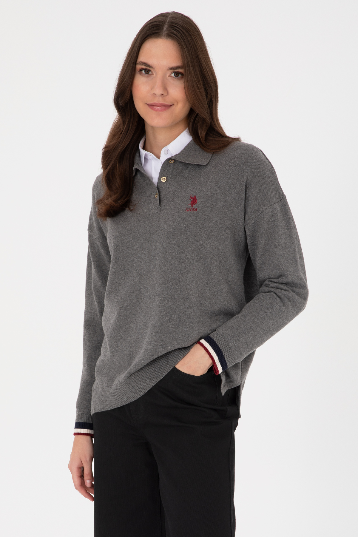 U.S. Polo Assn. Kadın Gri Melanj Polo Yaka Kazak 50314707-VR086 görsel 3