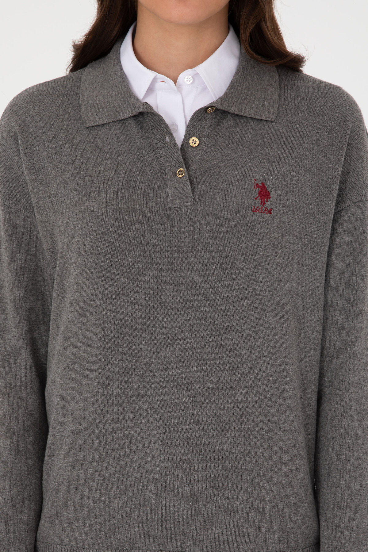 U.S. Polo Assn. Kadın Gri Melanj Polo Yaka Kazak 50314707-VR086 görsel 6