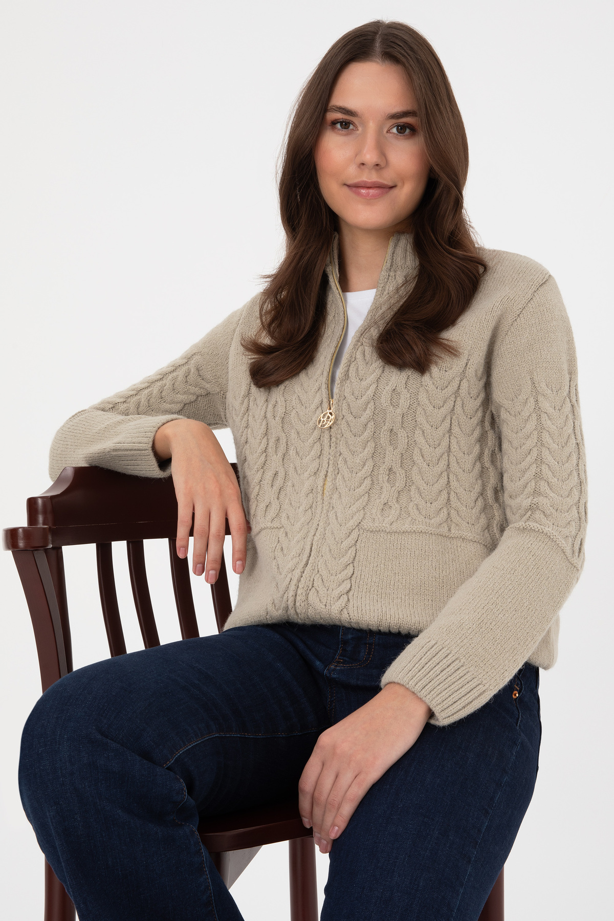 U.S. Polo Assn.  Kadın Açık Haki Fermuarlı Dik Yaka Triko Hırka 50314669-VR183 - Görsel 3