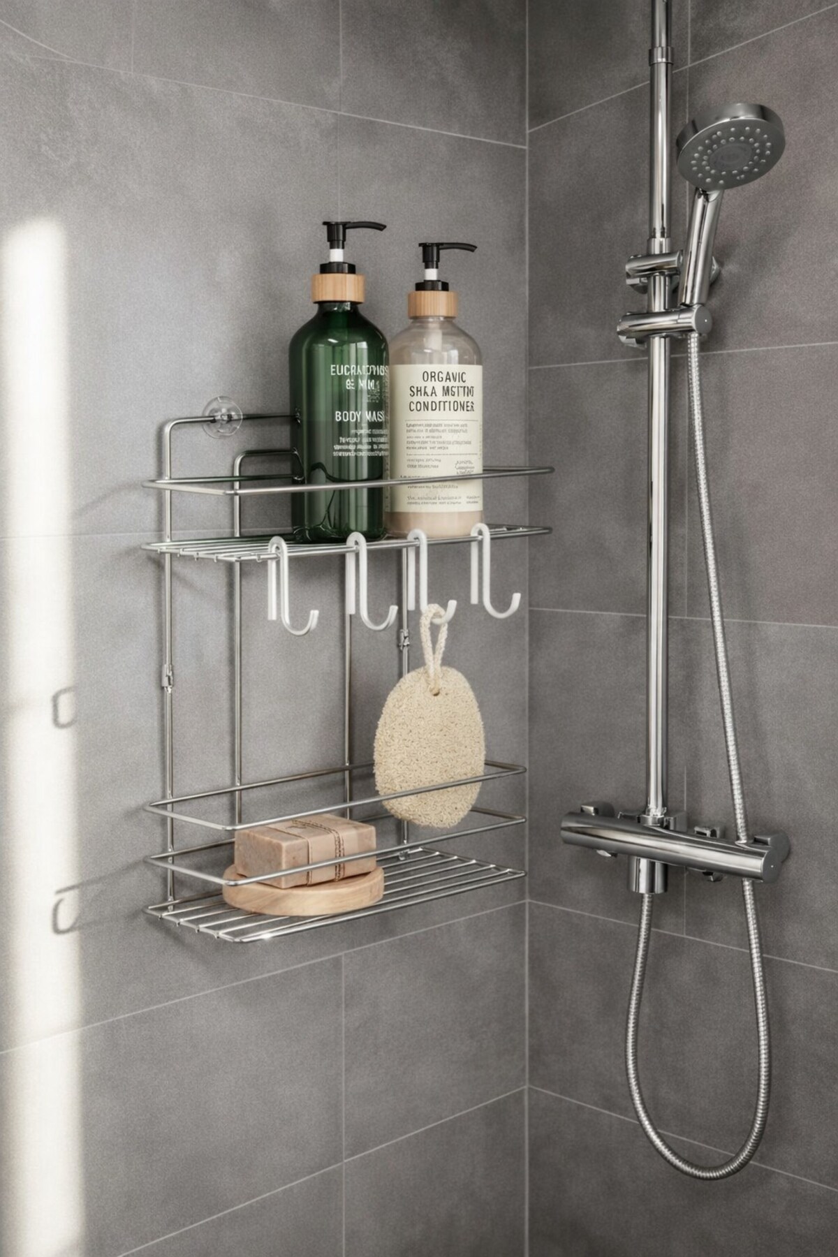 Luxury Chrome Metal 2 Tier Bathroom Shelf Adhesive Wall Mounted TŞ-02 With Shampoo Holder And Shower Shelf Hanger