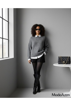ModaAzen Antrasit Bisiklet Yaka Oversize Kadın Triko Kazak