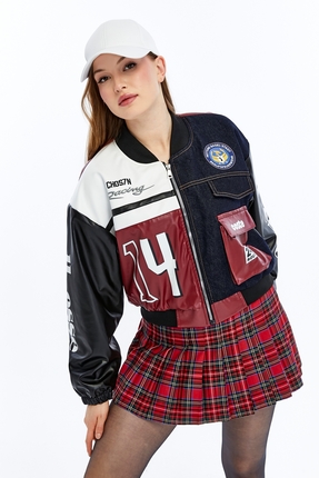 CHOS7N Kadın Oversize Baskılı Kot Ve Deri Şeritli Günlük Kullanım Cepli Ceket...