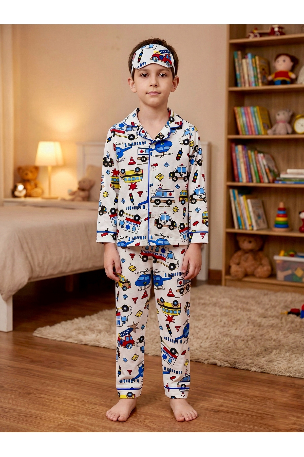Enie Unisex Çocuk %100 Pamuk Ambulans Desenli Uyku Gözlüklü Pijama Takımı fotoğrafı 5 (önizleme)