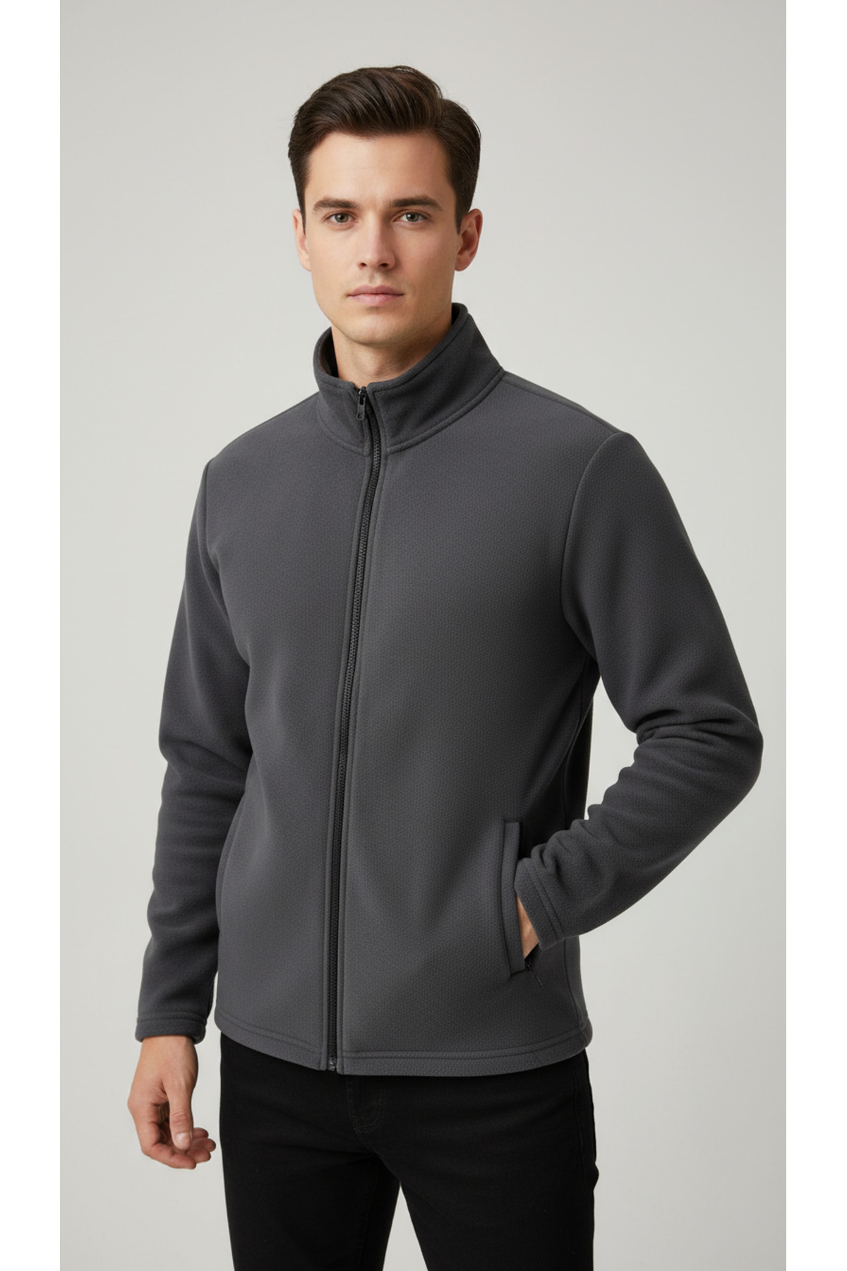 CALİA Erkek Antrasit Dik Yaka Tam Fermuarlı Fleto Cepli Kışlık Polar Sweatshirt Hırka