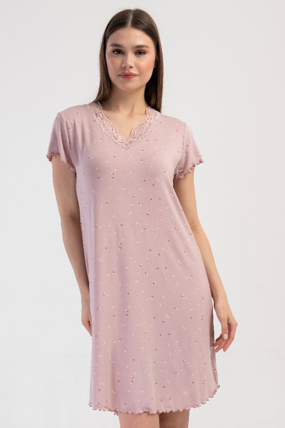 Vienetta Kadın Dantelli V Yaka Kısa Kol Gül Kurusu Gecelik Tunik C3T1N3904
