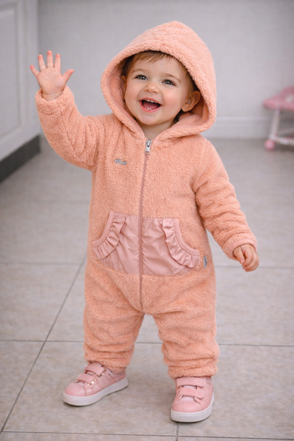 Chicsy Baby Kışlık tatlı Kız Bebek Peluş Tulum Kapüşonlu Fermuarlı Kışlık Polar Tulum fotoğrafı 2 (önizleme)