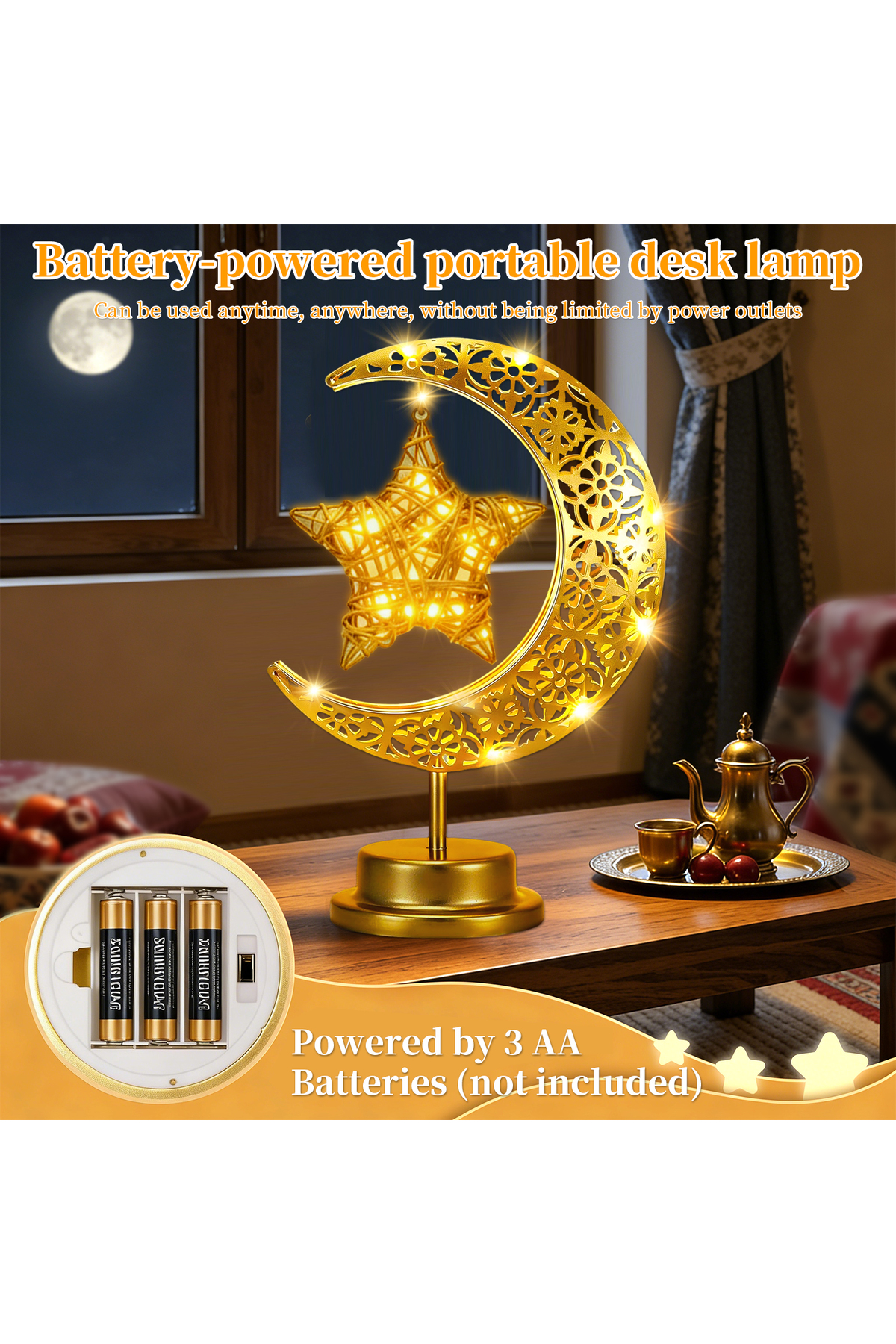 مصباح طاولة رمضاني، هلال ونجمة ذهبية بتقنية LED، ي...