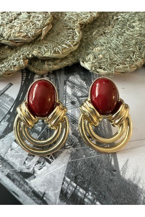 MONVEJEWELS Bordo Taşlı Kadın Vintage Gold Küpe