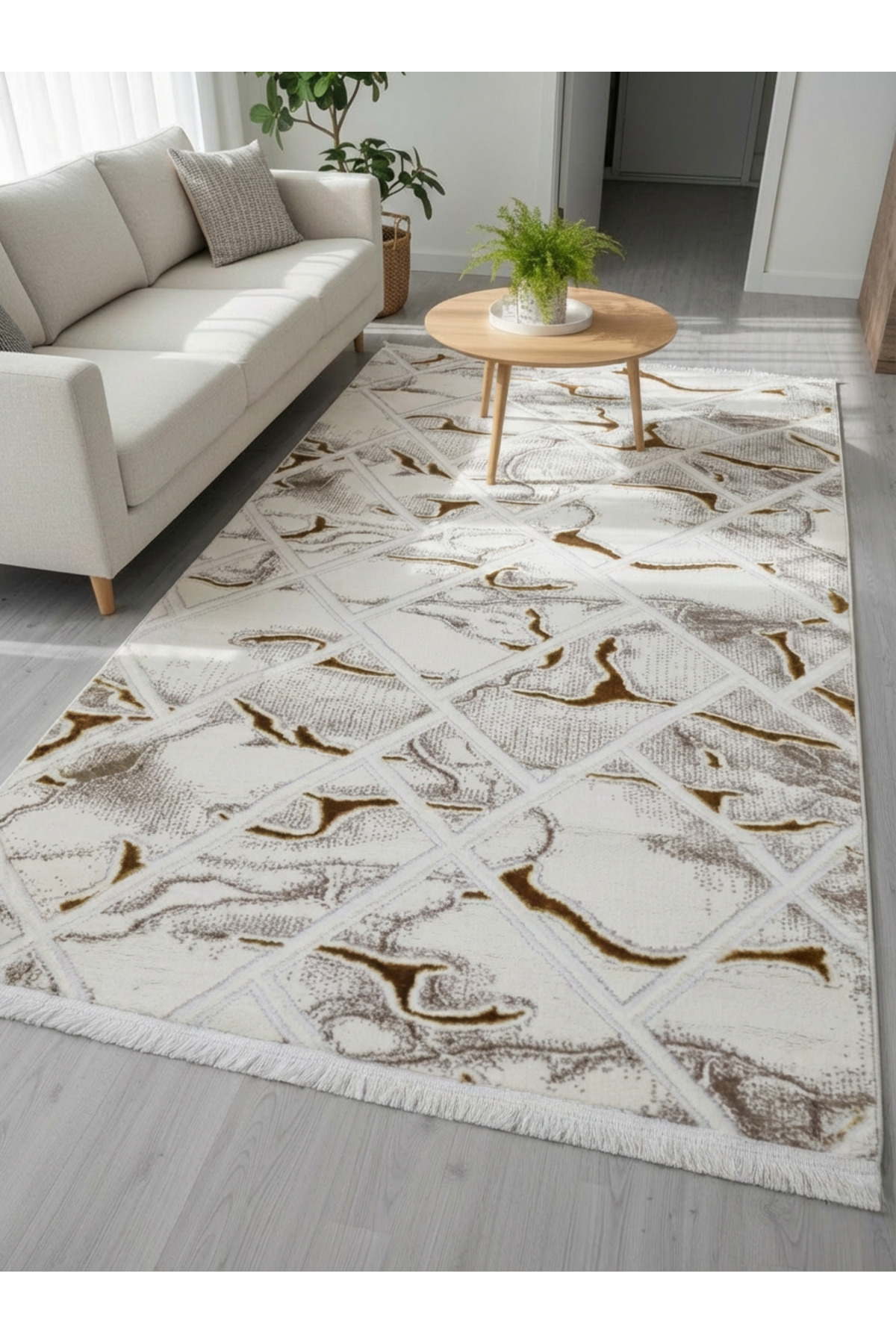 Lalezar Series: White & Gold Modern Dust-Free Living Room, Kitchen and Corridor Rug