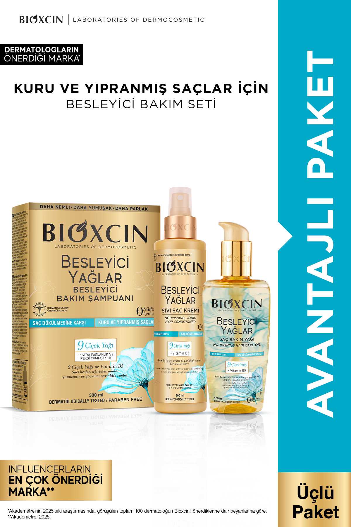 Bioxcin Besleyici Yağlar Onarıcı Şampuan 300ml + Saç Bakım Yağı 150ml + Sıvı Saç Kremi 200ml Seti — B10355
