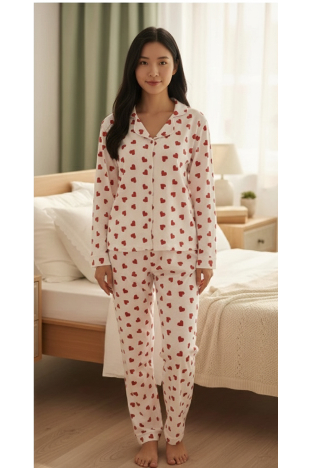 WOMEN 'S HEART PATTERNED LONGITUDINAL BUTTON PAJAMAS SET