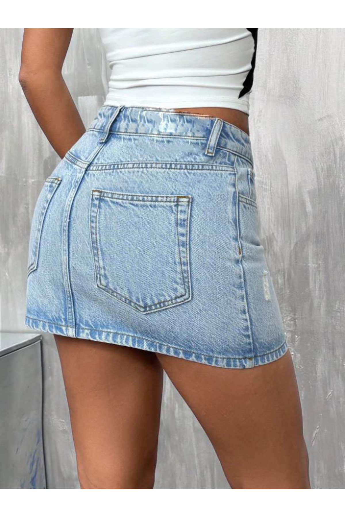 Noxter  D23 Kadın Yıpratmalı Denim Şort Etek - Görsel 2