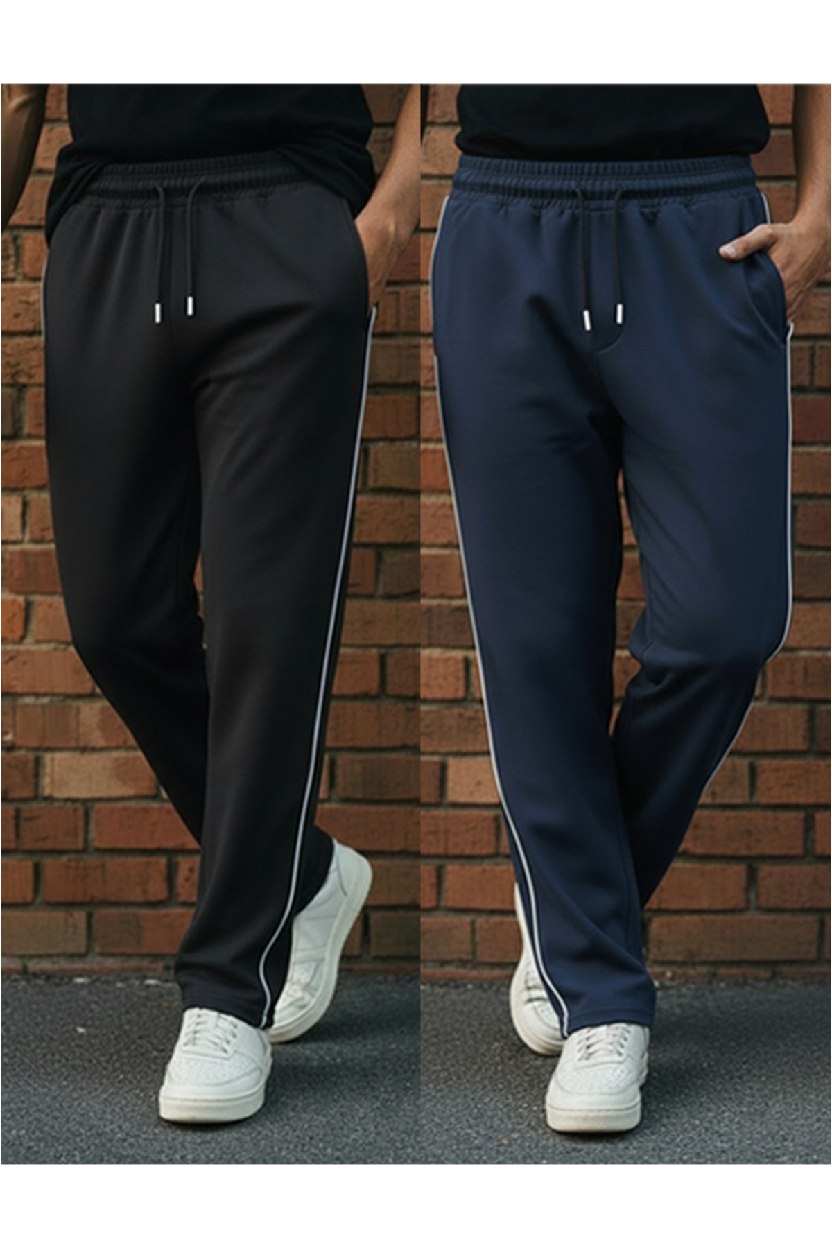 Sizce Moda  2'li Set Erkek Boydan Biyeli Baggy Eşofman Altı – 2 İplik, Lastikli Bel, Geniş Paça Siyah | Lacivert