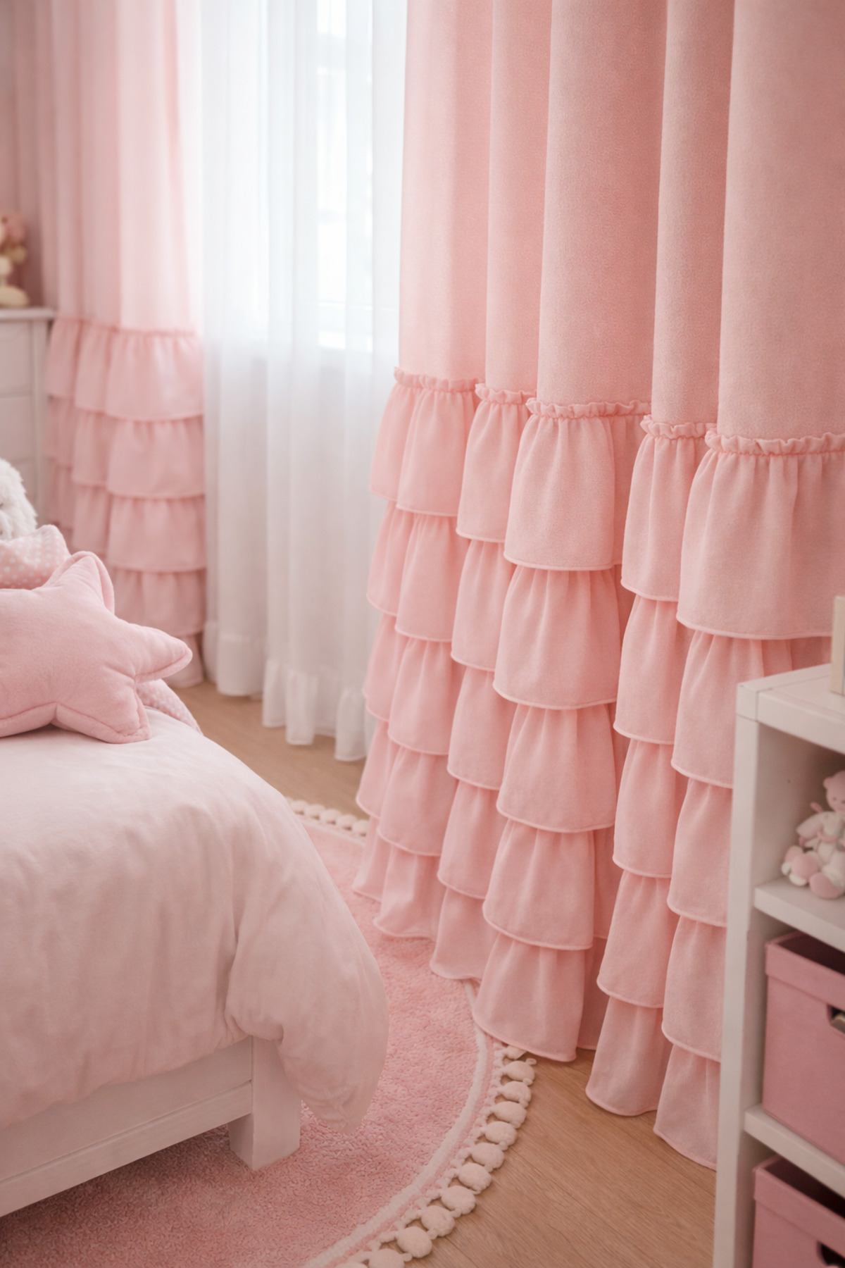 Perdeplus Kız Çocuk Odası Pudra Pembe Fırfırlı Tül Perde – Pastel Tasarım fotoğrafı 5 (önizleme)
