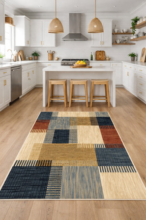 DOREM DİJİTAL BASKILI Kaymaz Taban Yıkanabilir Modern Mutfak Halısı Salon Hal...