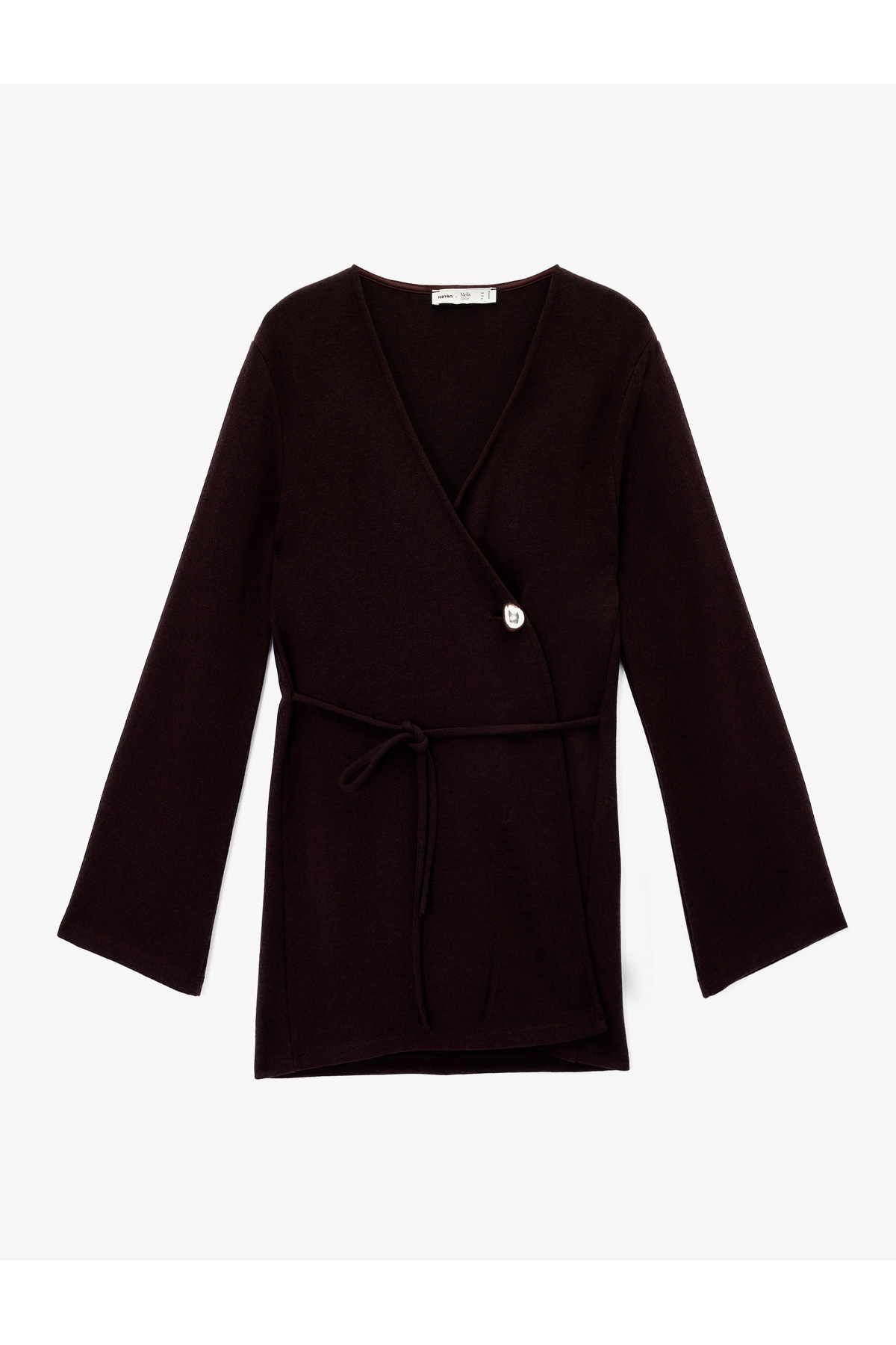 Koton  X Melis Ağazat - Uzun Geniş Kollu Beli Bağcıklı Düğme Detaylı Uzun Kruvaze Hırka - Görsel 3