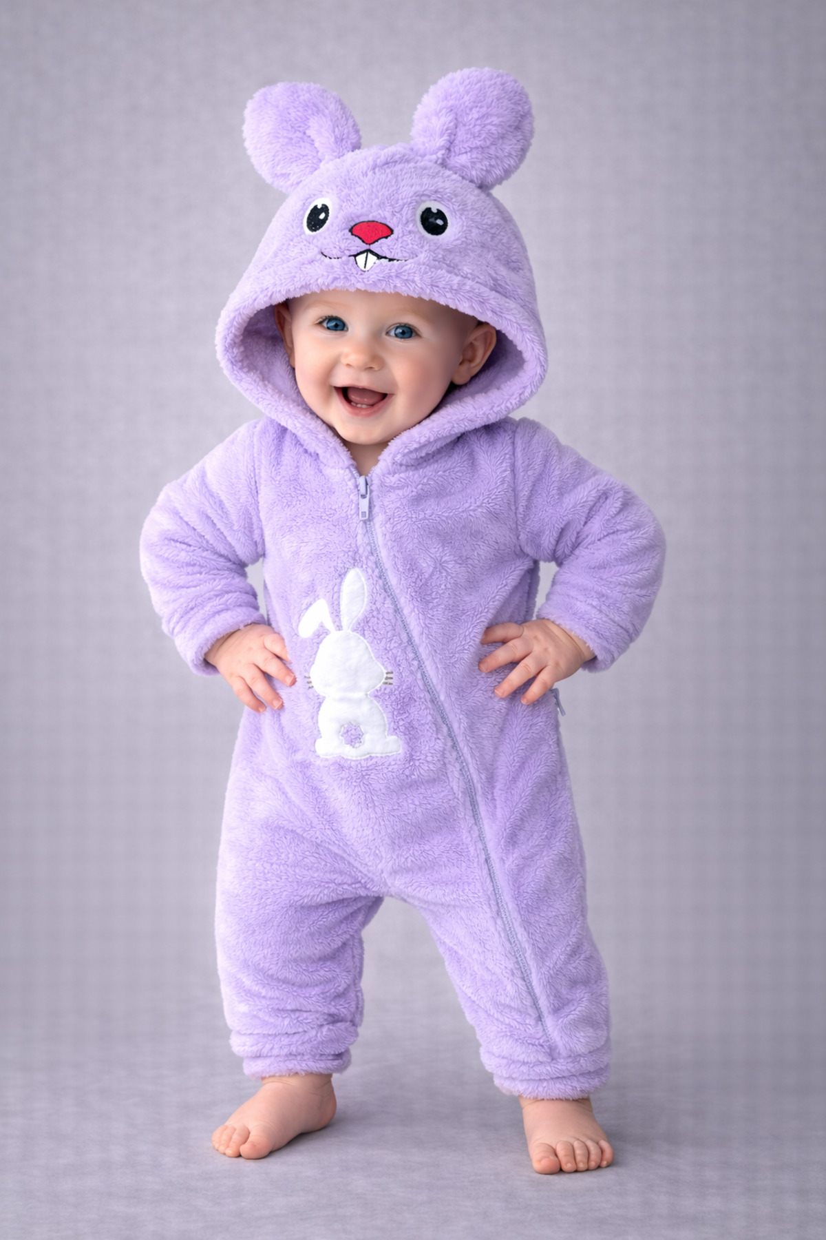 Chicsy Baby Kışlık tatlı Tavşan Figürlü Kapüşonlu Peluş Fermuarlı Bebek Tulum fotoğrafı 3 (önizleme)