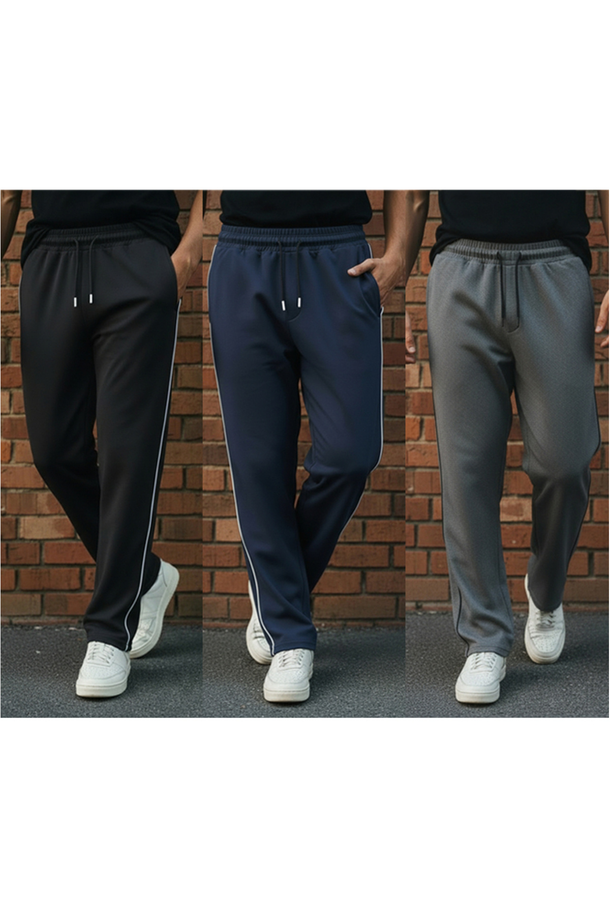 Sizce Moda  3'lü Boydan Biyeli Baggy Eşofman Altı – 2 İplik, Lastikli Bel, Geniş Paça Siyah | Lacivert | Füme