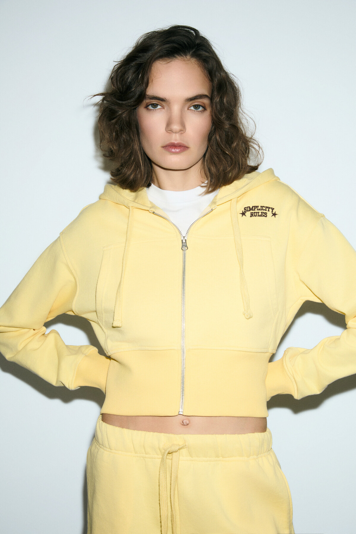 GRIMELANGE  ELARA Kadın Metal Fermuarlı Nakışlı Kapüşonlu Crop Sarı Sweatshirt - Görsel 2