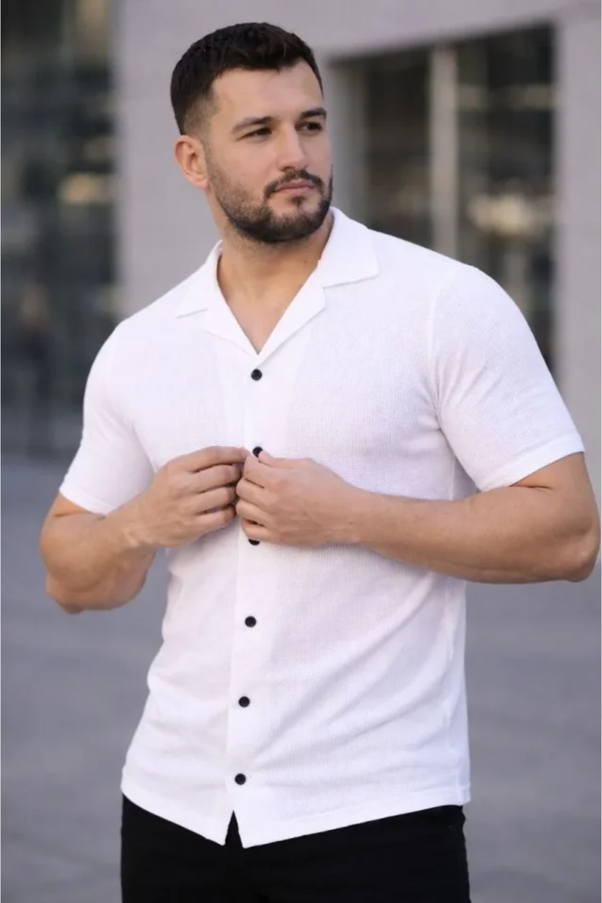GETFAY Erkek Waffle Kumaş Kısa Kollu Düğmeli Açık Yaka Regular Fit Gömlek-Beyaz fotoğrafı 3 (önizleme)