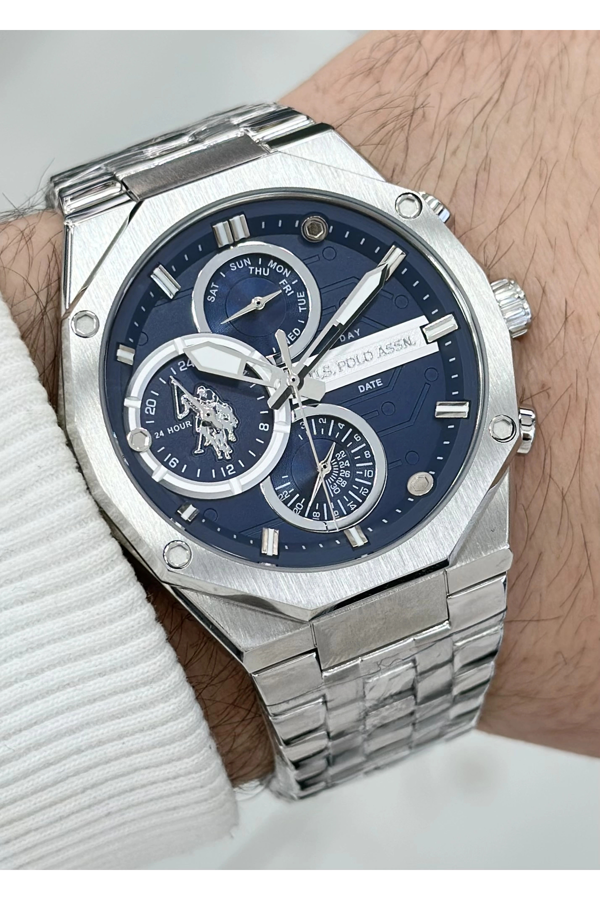 یو اس پولو ساعت مچی مردانه کاربردی ضد آب آبی نفتی بند استیل ILK112