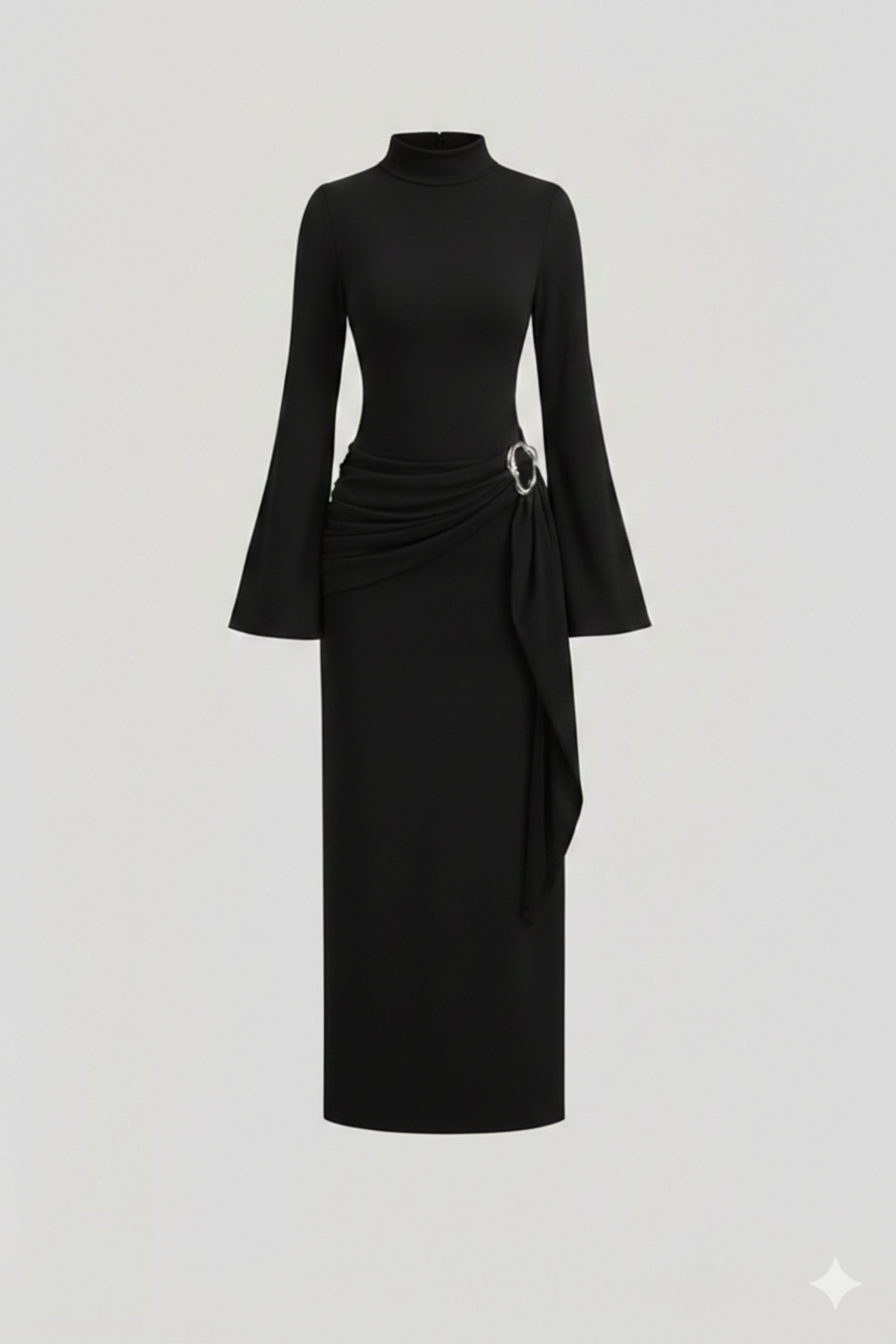 peelter  Siyah Kadın Dik Yaka Toka Detaylı Kuşaklı Toparlayıcı Dar Kalıp Uzun Trend Tasarım Elbise