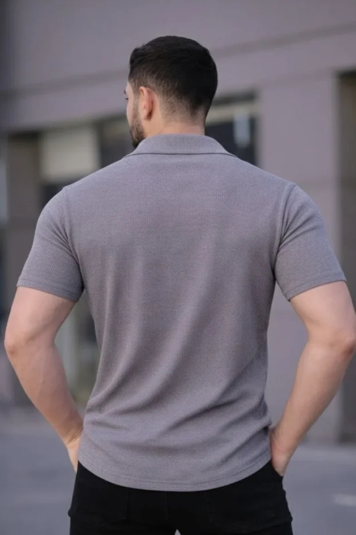 GETFAY Erkek Waffle Kumaş Kısa Kollu Düğmeli Açık Yaka Regular Fit Gömlek-Gri fotoğrafı 3 (önizleme)