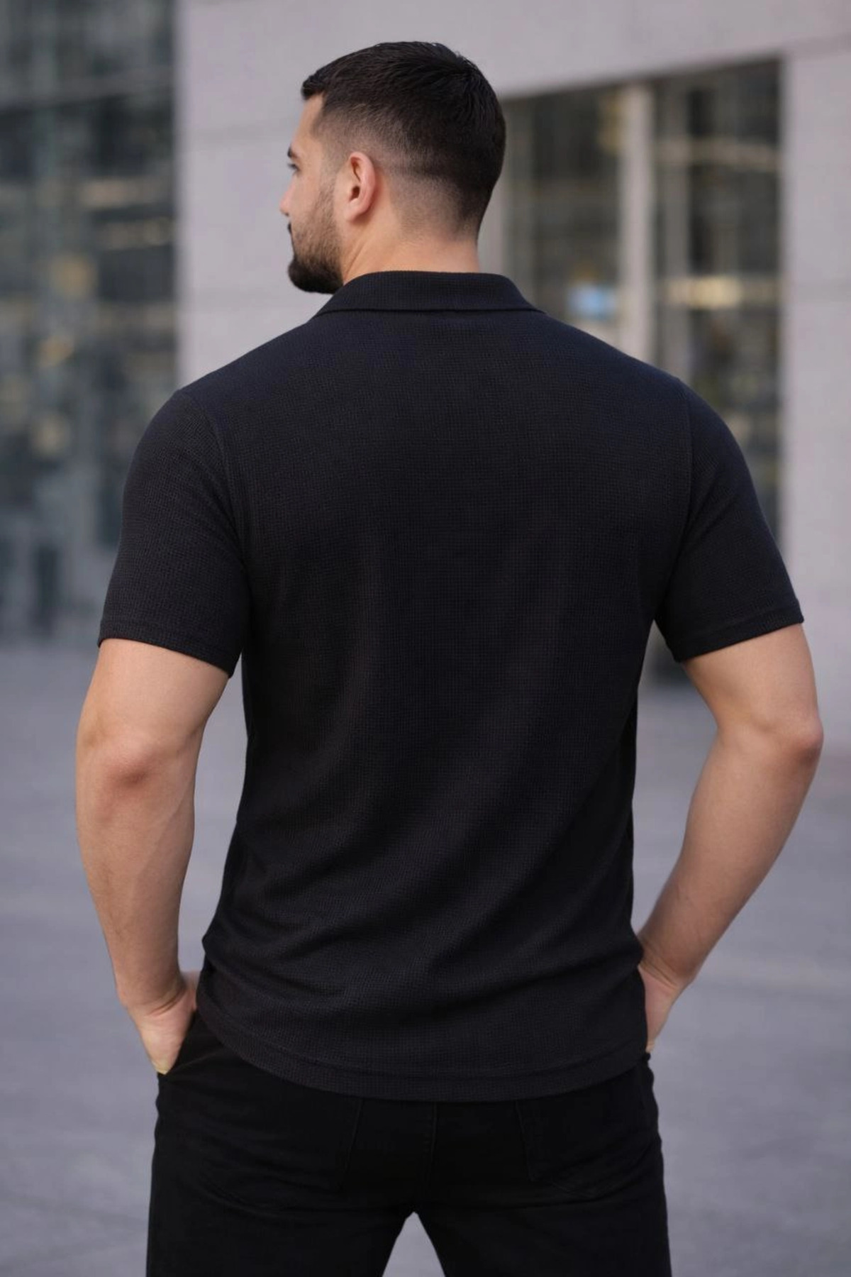 pilelistore Erkek Waffle Kumaş Kısa Kollu Düğmeli Açık Yaka Regular Fit Gömlek - Siyah fotoğrafı 2 (önizleme)