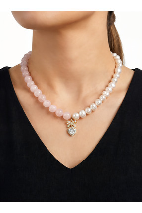 elinasaccessories Gerçek İnci Kolye Kadın Pembe Kuvars Doğal Taşlı Kalp Fiyon...