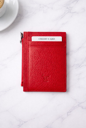 KOD DERİ Kadın Hakiki Deri Kırmızı Fermuarlı Kartlık